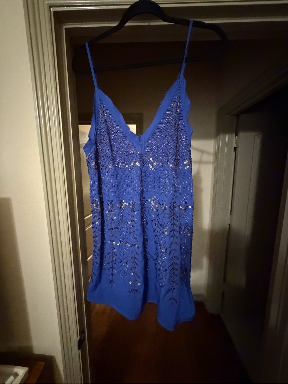 Free People Royal Blue Beaded Spaghetti Strap Mini Dress